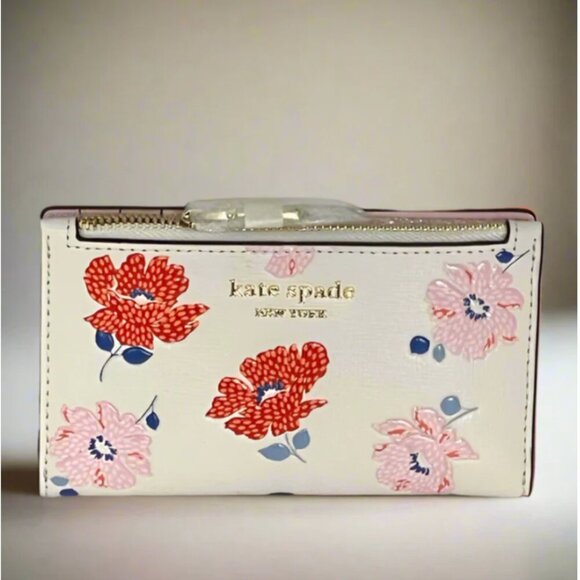 Kate Spade Morgan Dotty Floral Slim Bifold Wallet ID Womens Leather White ORGPKG - Picture 1 of 8